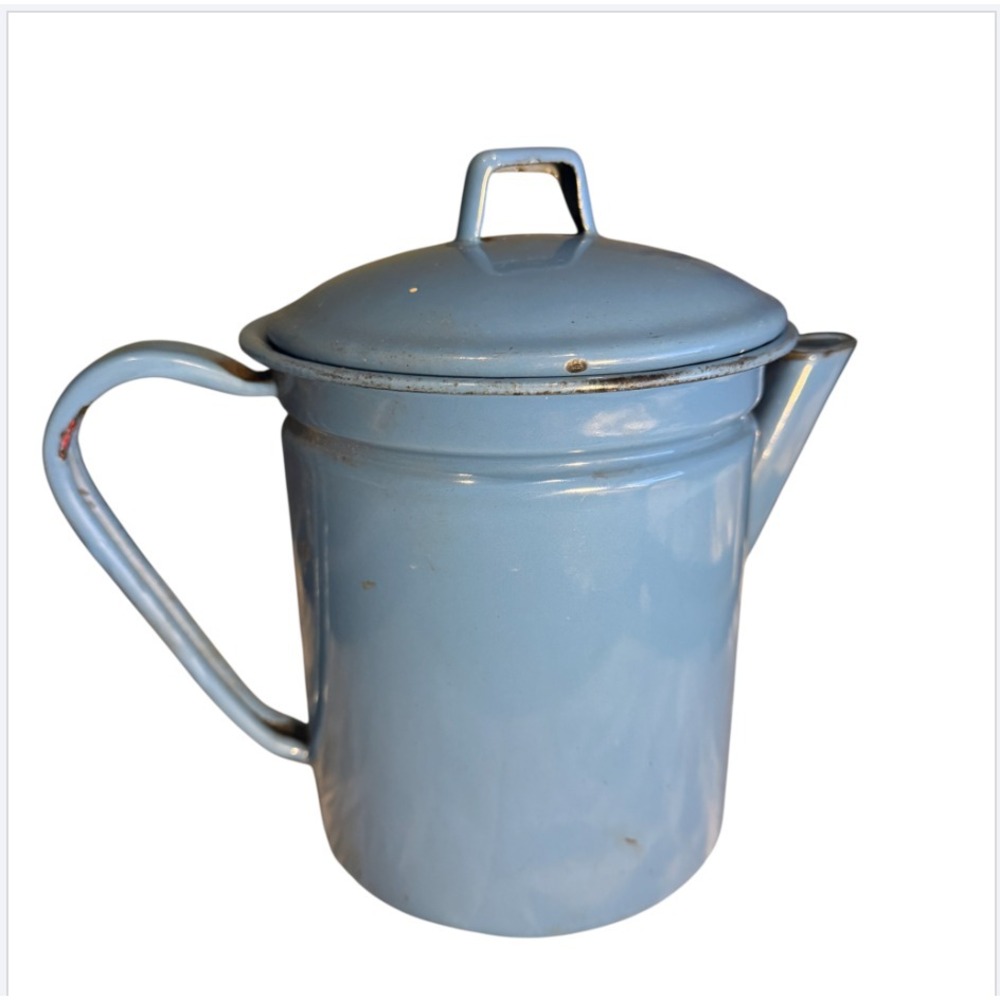 Vtg Blue Enamelware 6"‎ Kettle Coffee Pot w Lid Farmhouse Countrycore Cabin